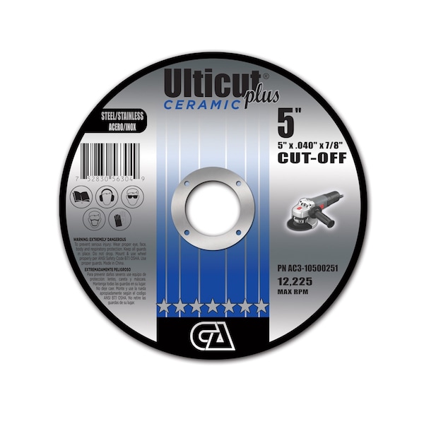 Continental Abrasives 5" x .040" x 7/8" Ceramic Ulticut Plus T1 Double Reinforced Cut-Off Wheel for Stainless/Steel AC3-10500251 - main
